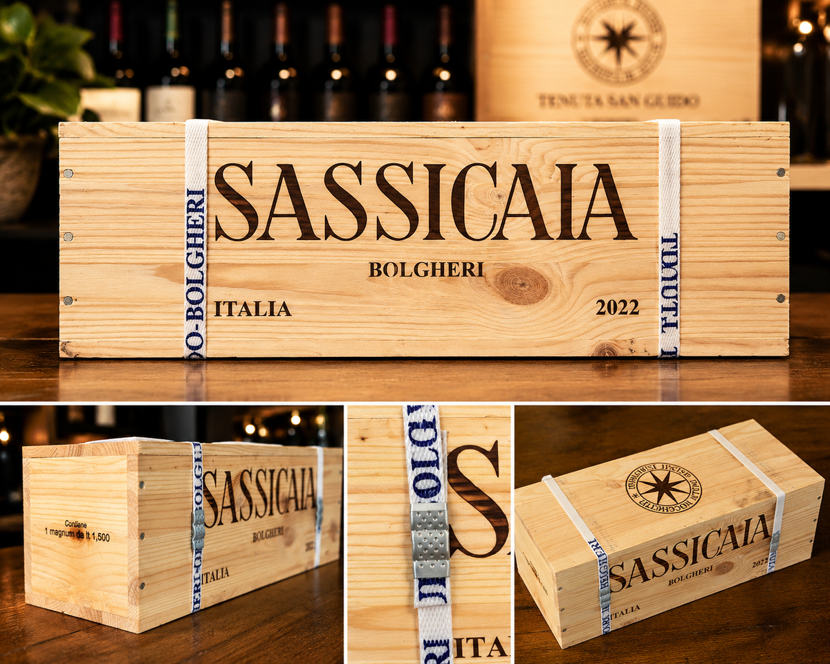 SASSICAIA 2022 MAGNUM 1,5 L – CASSA ORIGINALE IN LEGNO REGGETTATA